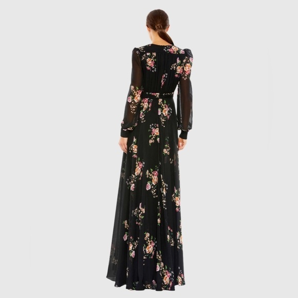 IEENA FOR MAC DUGGAL 55661 NWT Belted Floral Print Illusion Long Sleeve Gown - Picture 3 of 6